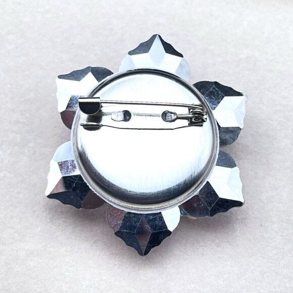 Silver with Green Blue and Orange Vitrail Crystal Round Flower Pin Back Brooch - Picture 7 of 8